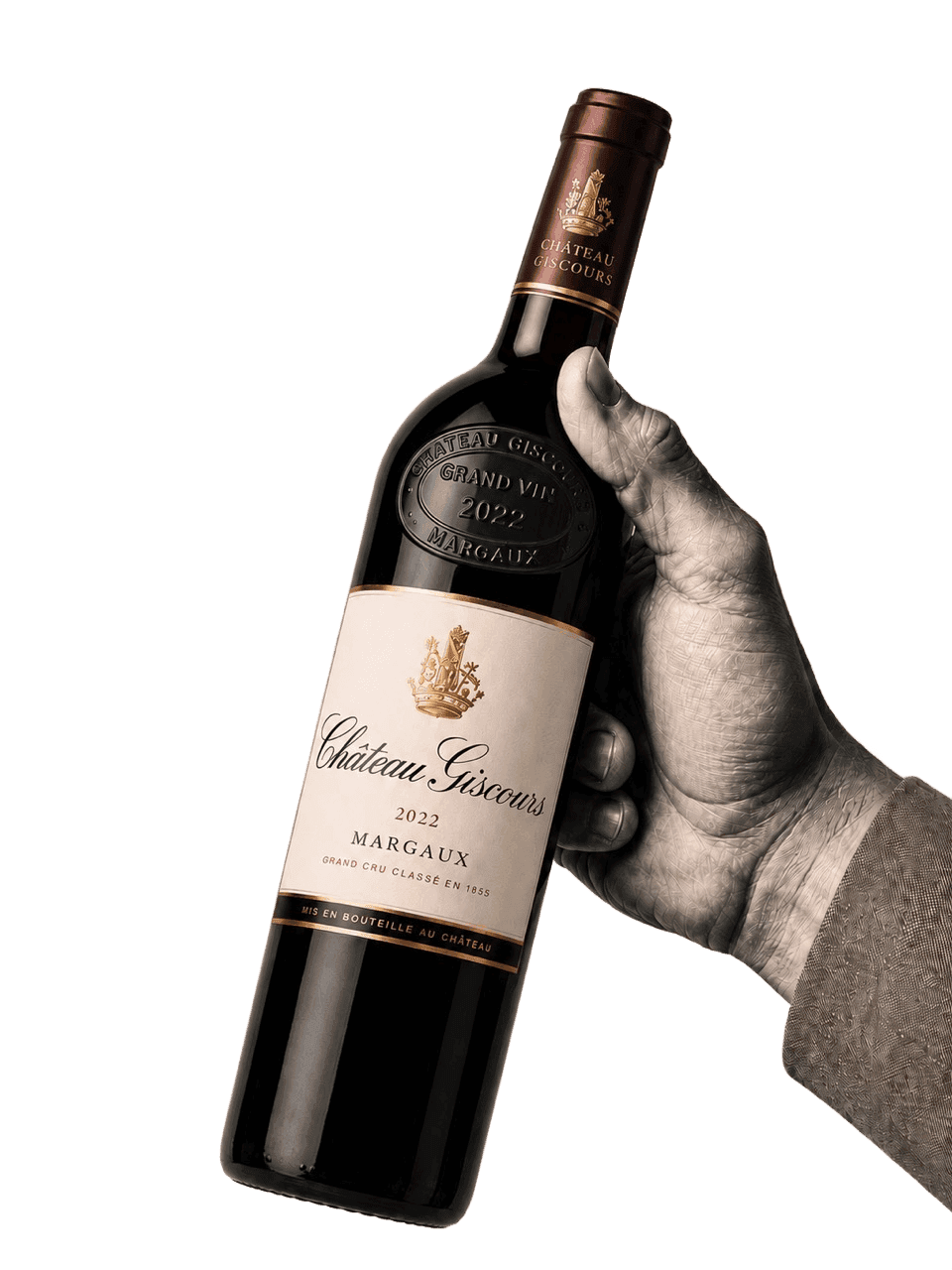 A hand holding a bottle of 2022 Château Giscours Margaux